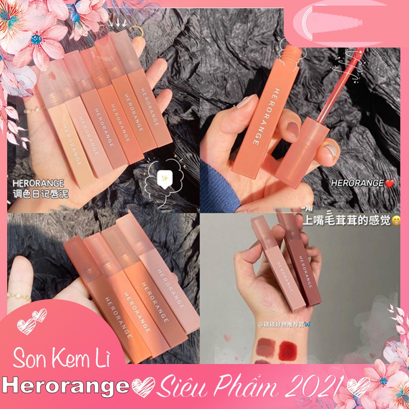 HERORANGE Son Kem Bóng Nhung Mịn Lì lip Mud Lip Glaze Lip Gloss Ống vuông