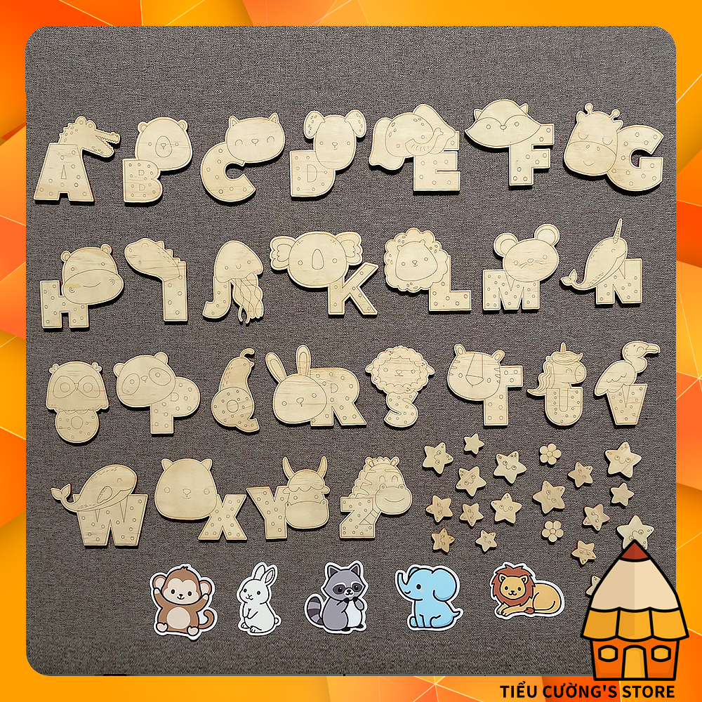 Set quà tặng bộ tô màu sáng tạo bằng gỗ 26 chữ cái theo tên con vật