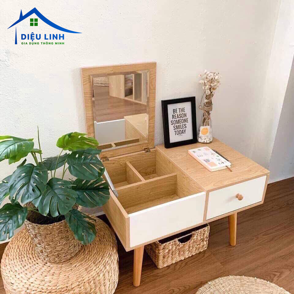 Bàn trang điểm mini nhỏ gọn bàn trang điểm ngồi bệt có gương cao cấp. chất liệu gỗ mdf, kich thước 60x40x40cm