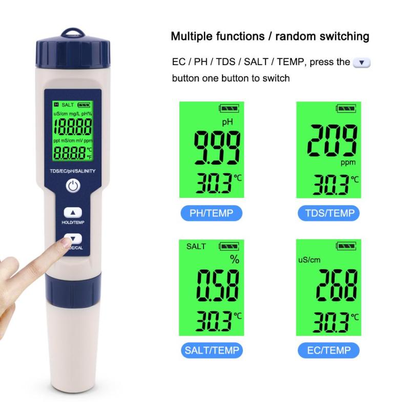 Bút Đo Chất Lượng Nước 5 Trong 1, Kiểm Tra Độ pH/Tds/Ec/Độ MặN/Nhiệt Độ Phục Vụ Làm Vườn LCD