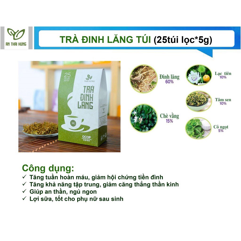 Trà Đinh lăng (25 túi lọc x 5g) An thần, giảm stress, giúp ngủ ngon