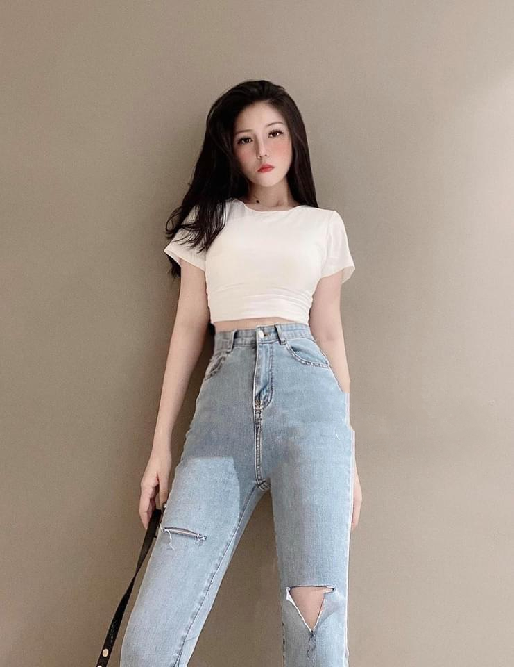 Quần jean nữ lưng cao rách xẻ gối phối rách lai 1 bên ( xanh nhạt ) mẫu mới 1