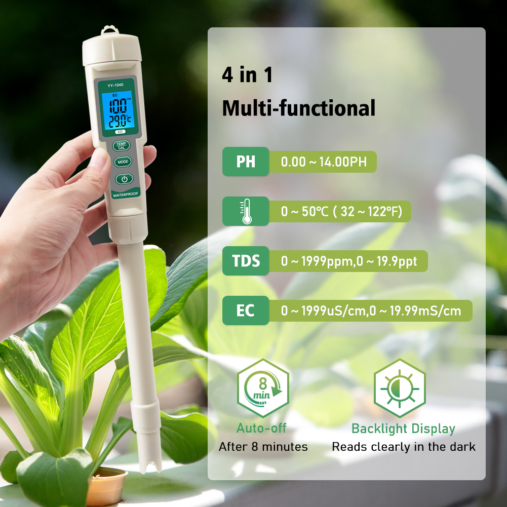 yieryi ph Meter Hydroponic Tester 4 in 1 PH/TDS/EC/Temperature Meter Water Quality Teste Waterproof EC TDS Meter for Vegetable Farming,Drinking Water