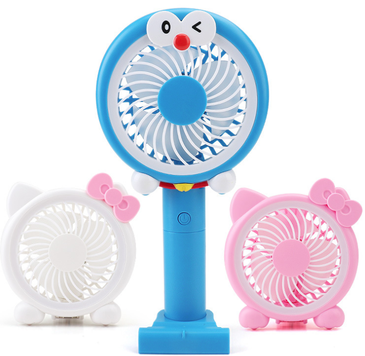 Quạt mini cầm tay có đế mẫu kitty,doremon có đèn led