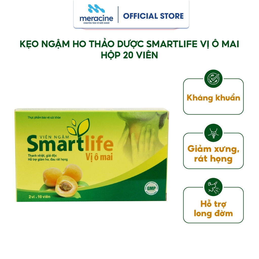Kẹo ngậm ho thảo dược Smartlife vị ô mai hỗ trợ thanh nhiệt giảm ho rát họng hộp 20 viên
