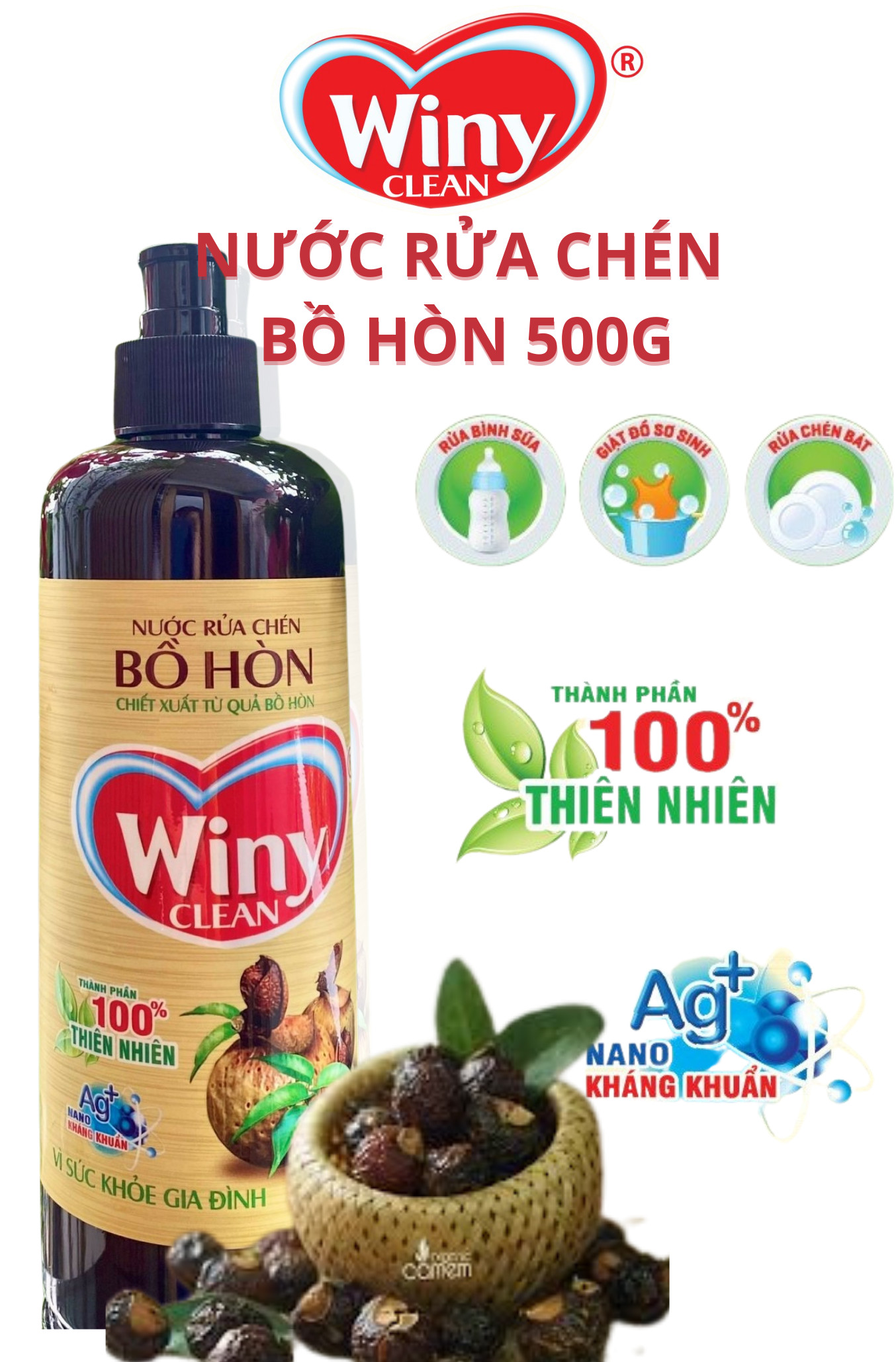 Nước rửa chén Winy Clean. NRC hữu cơ chiết xuất từ trái bồ hòn 100% thiên nhiên, Nước tẩy rửa đa năng, giữ ẩm da tay, bảo vệ sức khoẻ gia đình