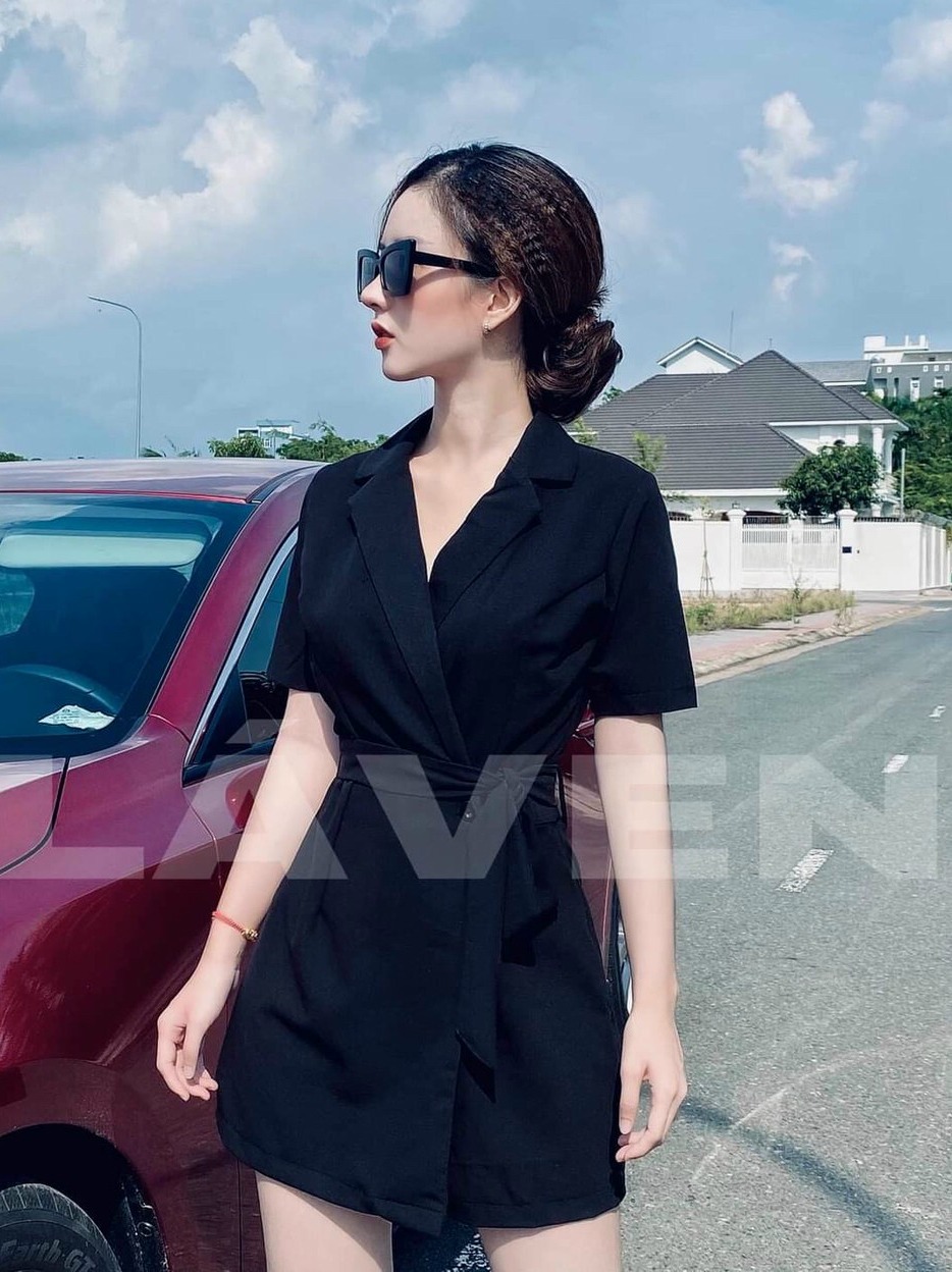 Jum cổ sơ mi tay ngắn buộc nơ eo dễ thương