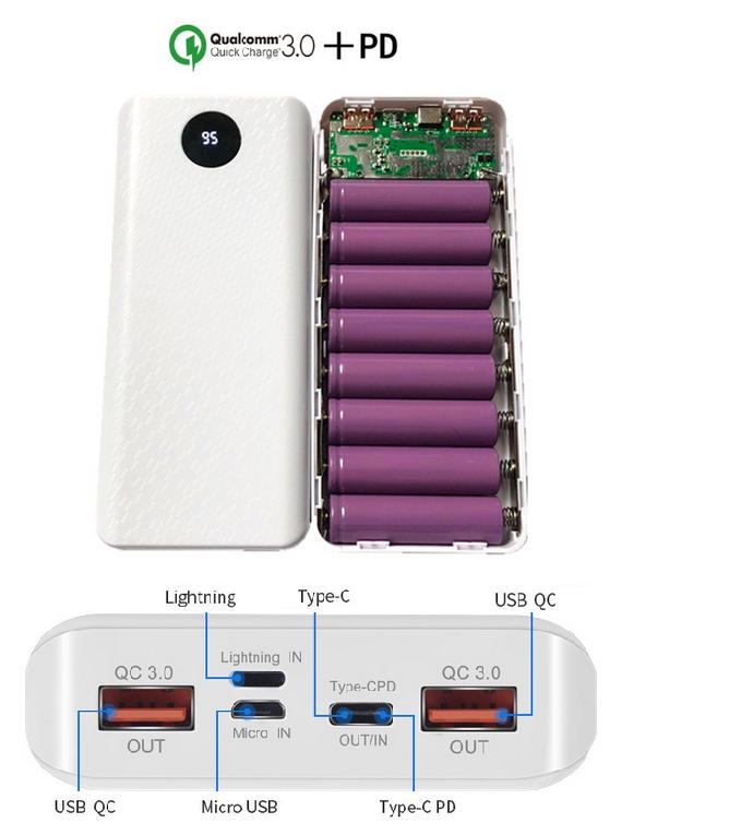 Box sạc nhanh QC3.0 + PD chân cắm type c lightning micro usb 8 cell dùng pin 18650 có LCD hiển thị (trắng, chưa pin) box sạc dự phòng 8 cell