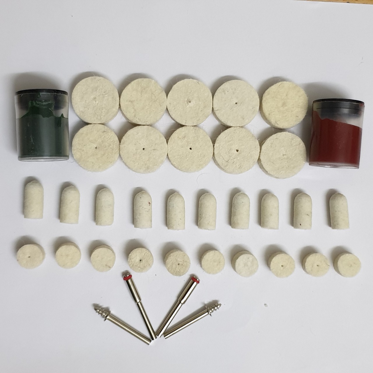 Bông nỉ đánh bóng chân cán cốt 3mm (30 đầu nỉ + 2 lọ bột bóng + 4 cán cốt 3ly)