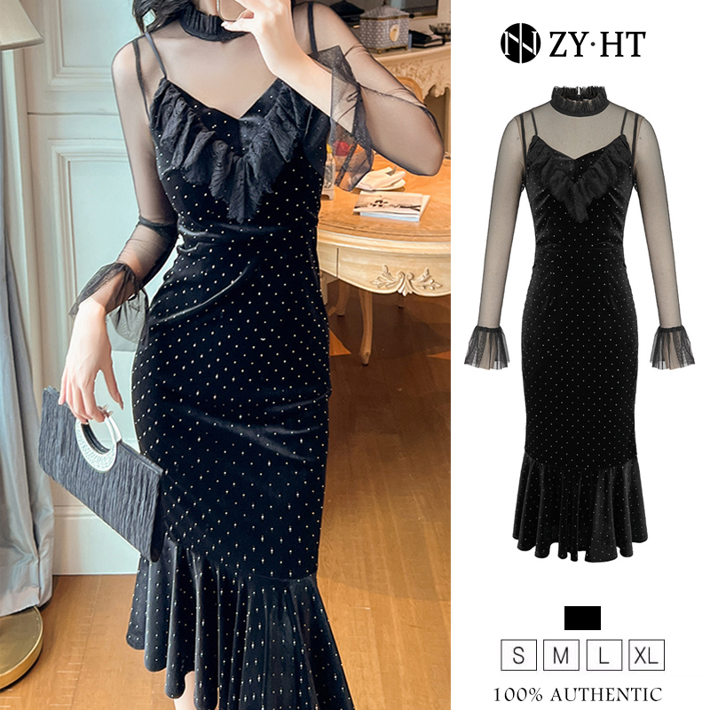 ZYHT EraVogue Váy nữ váy đen váy dài tay váy dài tay váy nhung váy xã hội cao váy dạ hội váy Pháp 40194