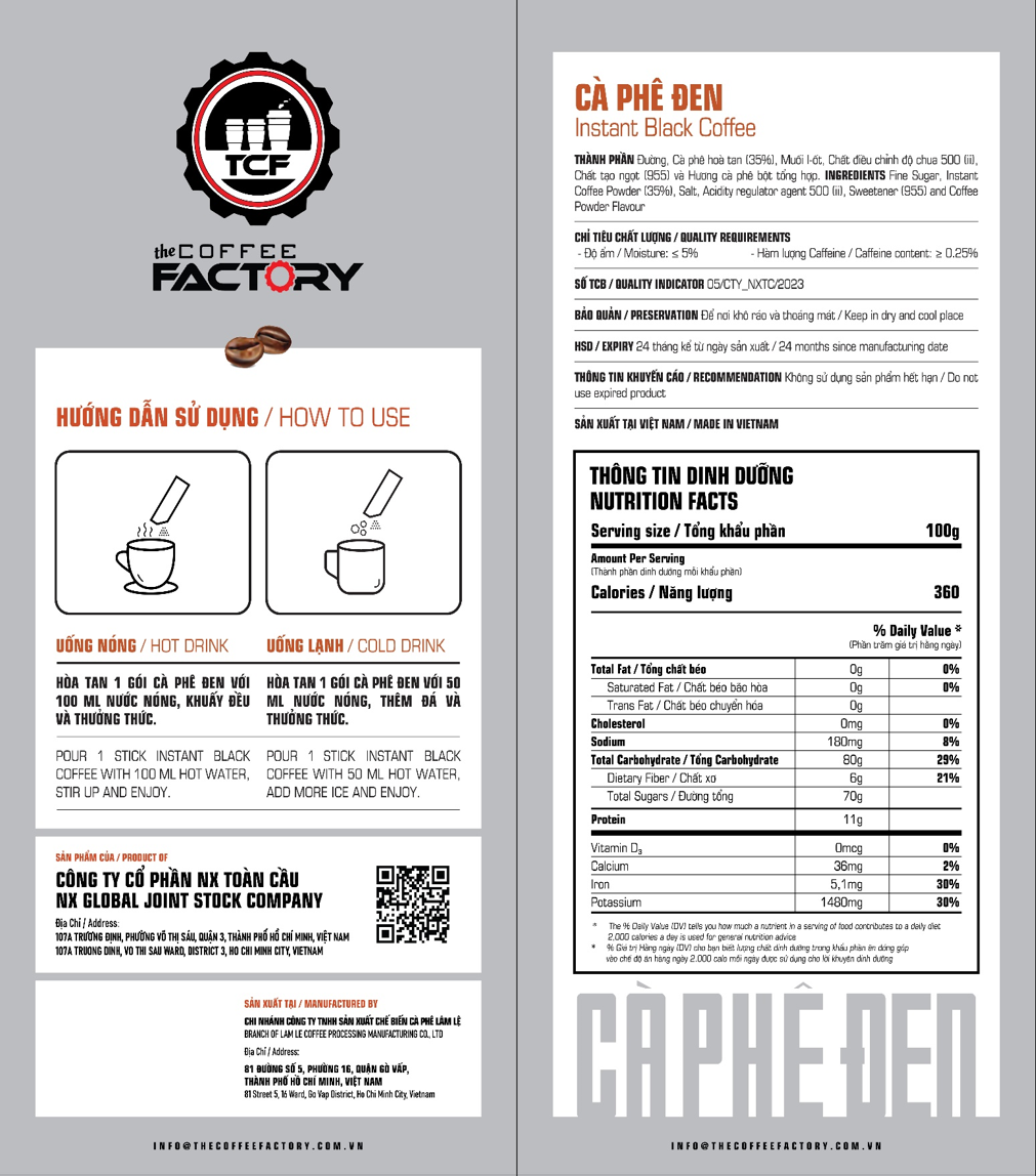 Cà phê đen hòa tan The Coffee Factory (Hộp 15 gói x 16g)