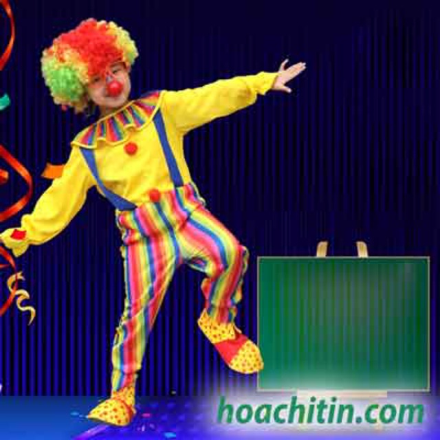 Trọn Bộ Trang Phục Hoá Trang Chú Hề (Quần Áo + Tóc Giả Xoăn 7 Màu + Mũi Cao Su)