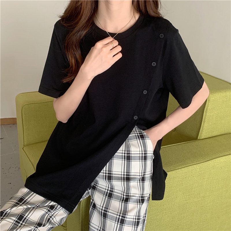 Áo thun nữ xẻ tà phối nút tay ngắn style Hàn quốc