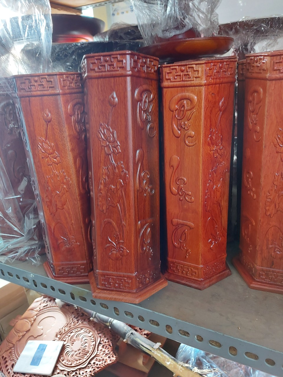 Ống đựng nhang gỗ chạm khắc phúc lộc thọ cao 30cm