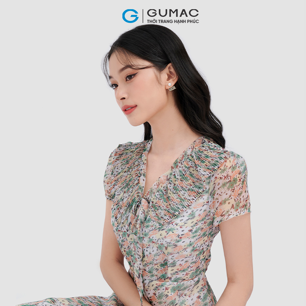 Đầm cổ V xếp ly DC12049 thời trang GUMAC