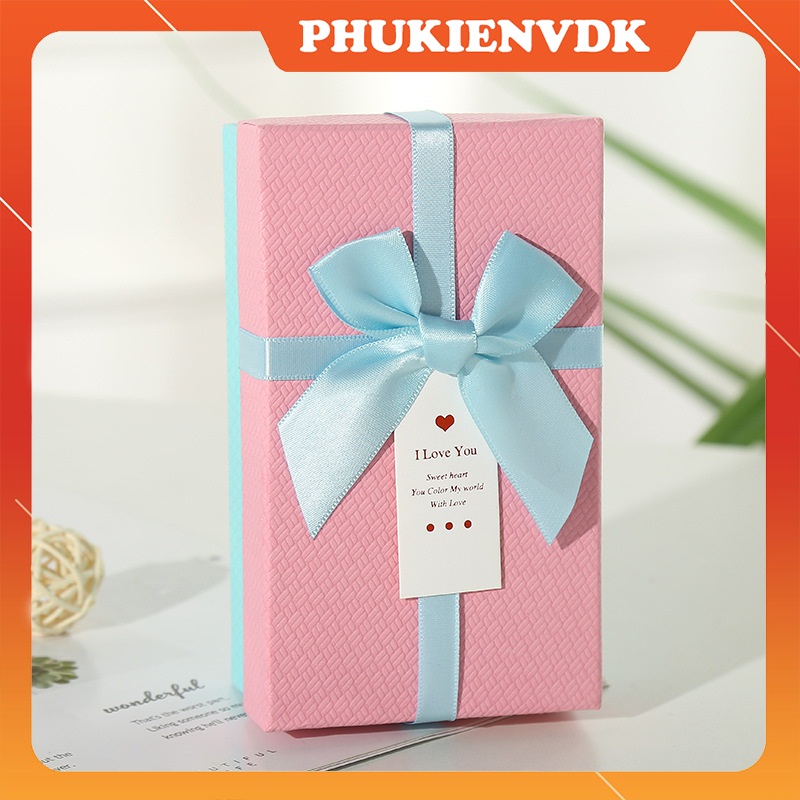 Hộp quà nơ lót giấy rơm màu đỏ đựng son lọ chiết nước hoa