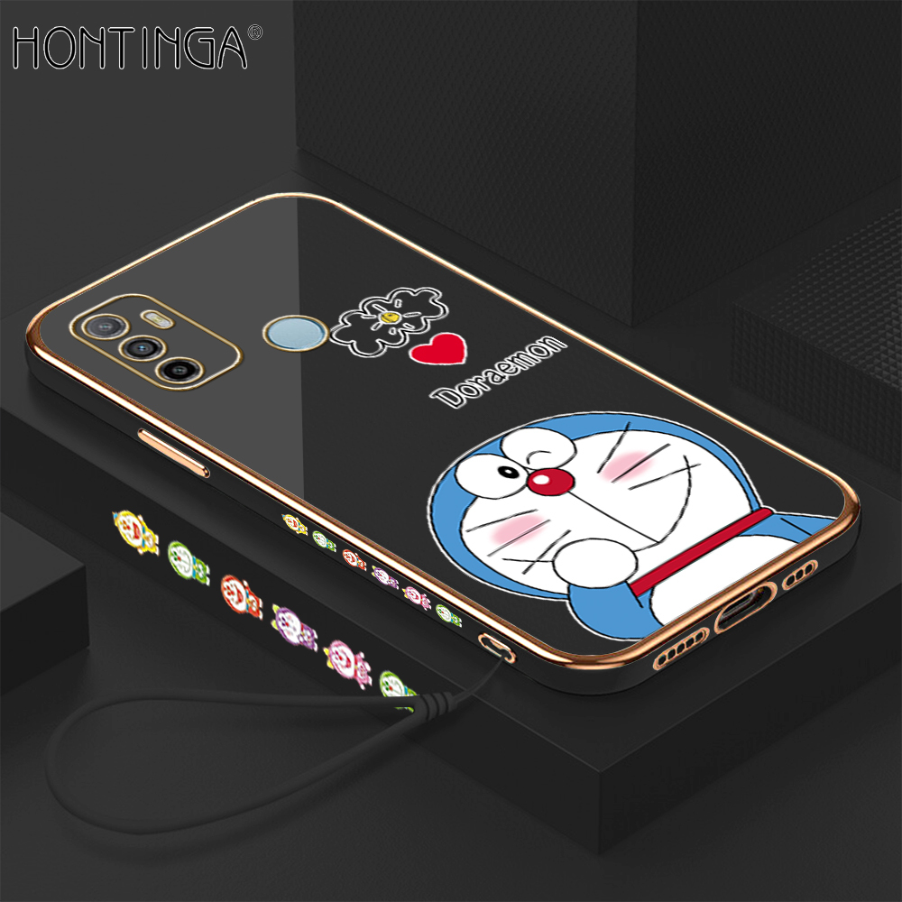 Hontinga Casing Case For OPPO A53 2020 A33 2020 Case Fashion Cartoon Anime Doraemon Luxury Chrome Plated Soft TPU Square Phone Case Full Cover Camera Protection Anti Gores Rubber Cases For Girls