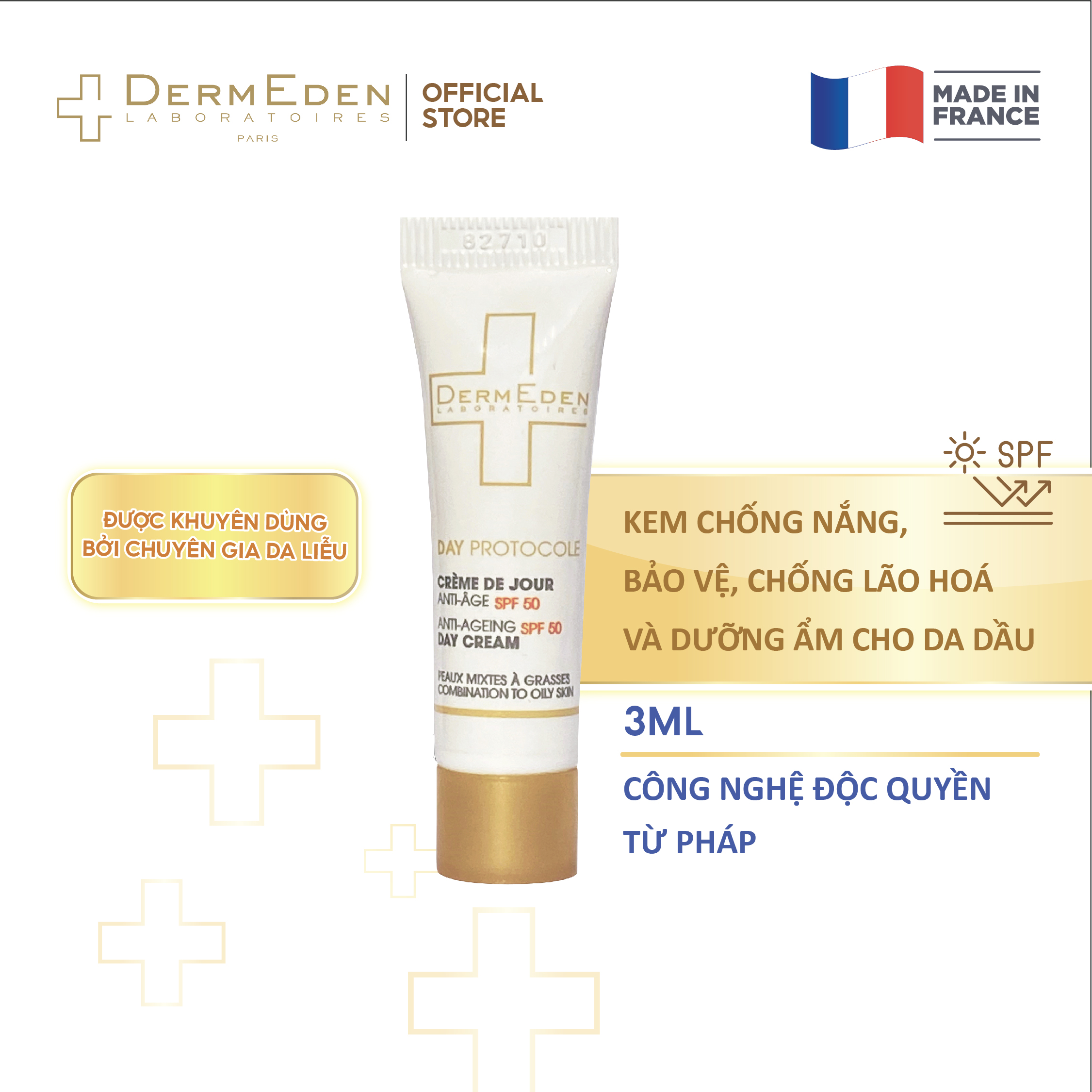 [Mẫu thử]Kem chống nắng DermEden SPF 50PA +++ kết hợp dưỡng da cho da dầu  chống lão hoá, giảm nám tàn nhang và nếp nhăn Anti-Aging Combination to Oily Skin 3ml