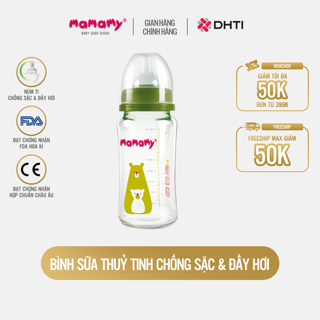 Bình sữa Mamamy cho bé chất liệu thuỷ tinh 120ml/240ml