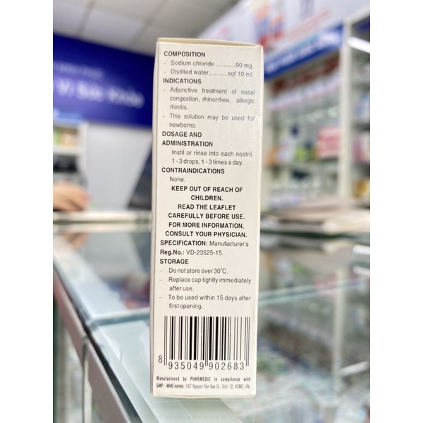 Nước nhỏ mũi Natri Clorid 0,9% Pharmedic - 1 chai 10ml