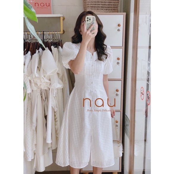 Đầm tay phồng phối nút bọc xẻ tà 5 màu