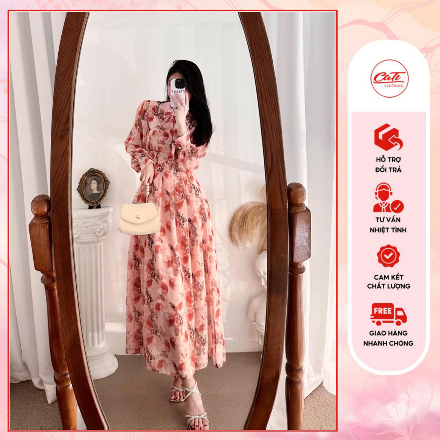 CATI Đầm maxi hoa 2 màu hoa xanh -hồng   (1178)