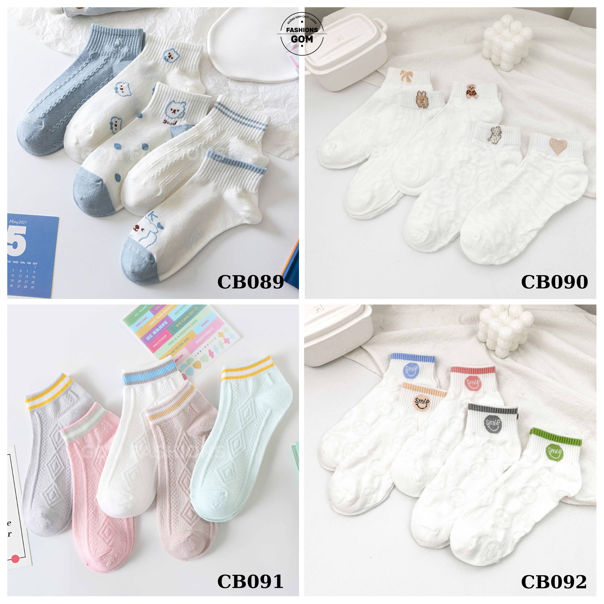 Set 5 đôi vớ nữ cổ ngắn vintage họa tiết dễ thương, tất chân nữ cute chất cotton thoáng mát khử mùi - CB5DOI