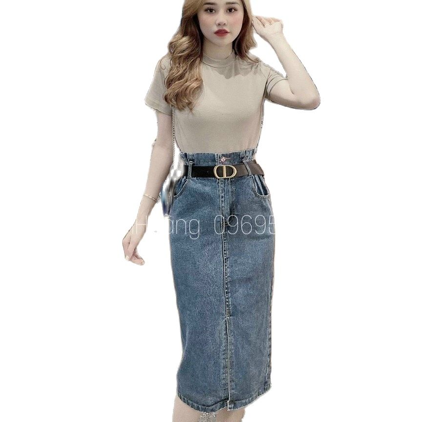 CHÂN VÁY BÒ DÀI CẠP CAO LƯNG THUN KÈM DÂY LƯNG