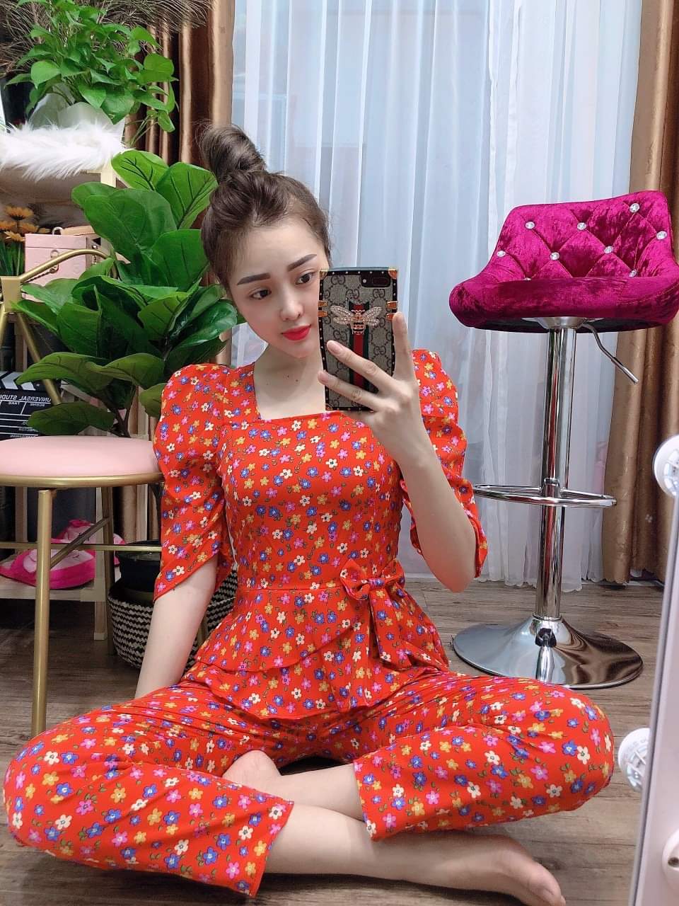 [HCM]Set Bộ Hoa Nhí Vải Lụa Quần Ống Rộng Tôn Dáng Thiết Kế Thời Trang ( Đỏ )