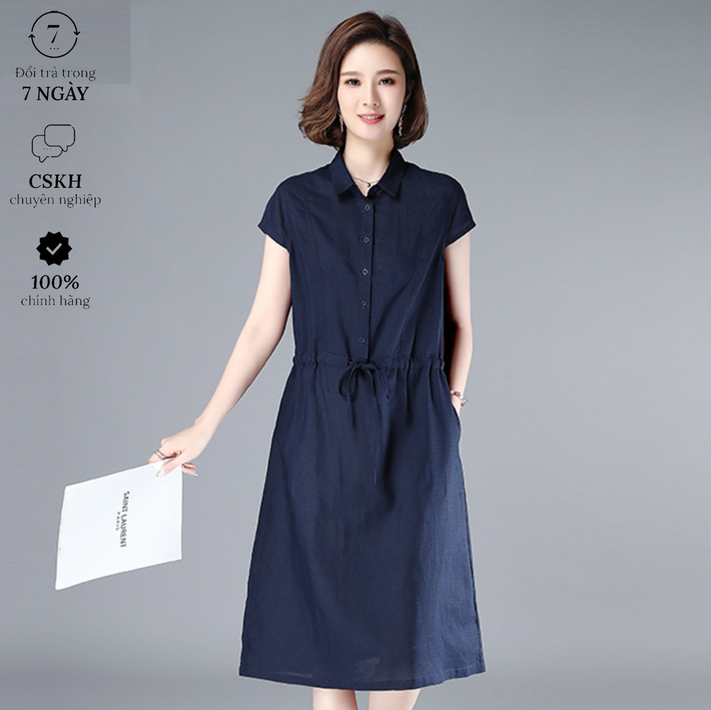 Đầm suông trung niên họa tiết HaiAnh, đầm linen dáng suông rút eo 2 túi Da145