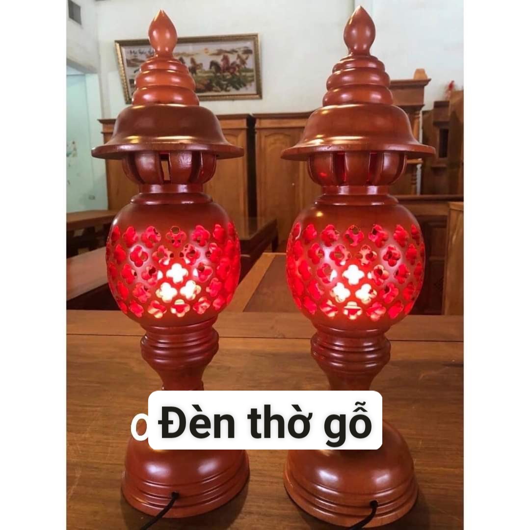 Cặp đèn thờ tổ ong gỗ xà cừ chạm tổ ong cao 36cm