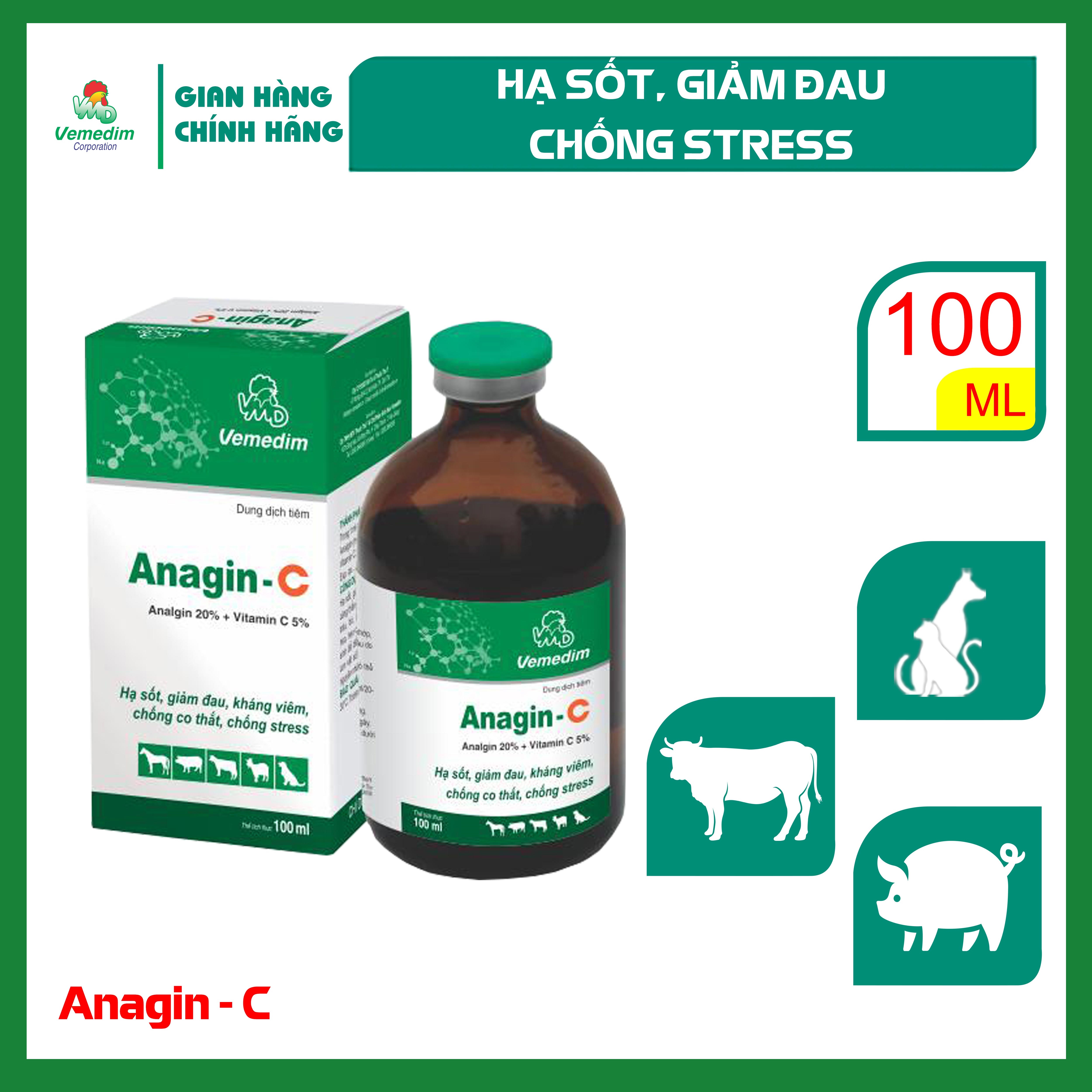 "Hoàn tiền đến 10%" Vemedim Anagin C giảm stress trên trâu, bò, ngựa, bê, nghé, ngựa con, heo, heo con, chó, chai 100ml