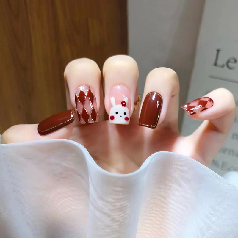 Bộ 24 móng tay giả nailbox đỏ đậm hoạt tiết thỏ 💖💖 SẴN KEO DÁN 💖💖