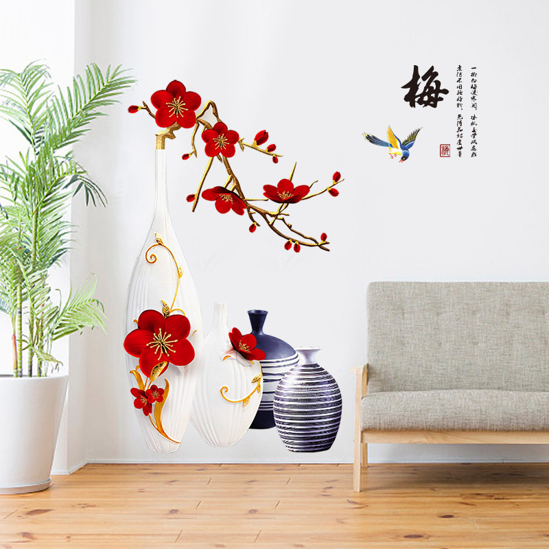 Decal dán tường bình hoa đào đỏ nghệ thuật GS9386