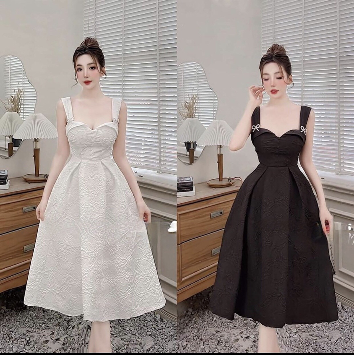 Đầm dự tiệc dáng xoè xốp hoa gốm