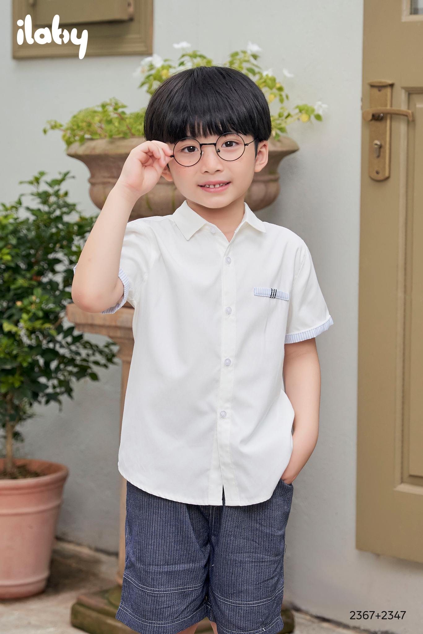 Áo sơ mi cộc tay bé trai ILABY phối cơi vải kẻ chất liệu thô hàn