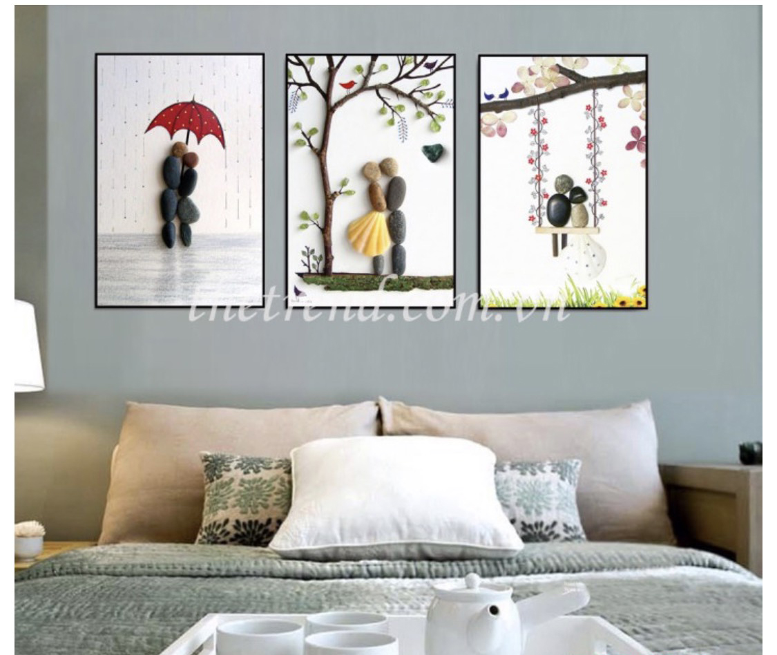 Tranh treo tường combo 3 bức tranh vải canvas treo phòng ngủ, phòng khách, bộ 3 tranh màu hồng phấn