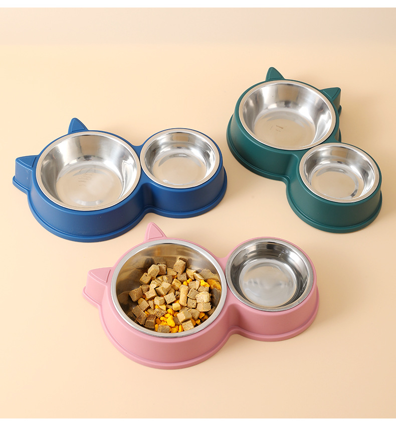 chén đôi inox hình mèo dành cho chó mèo - T3 PETS SHOP