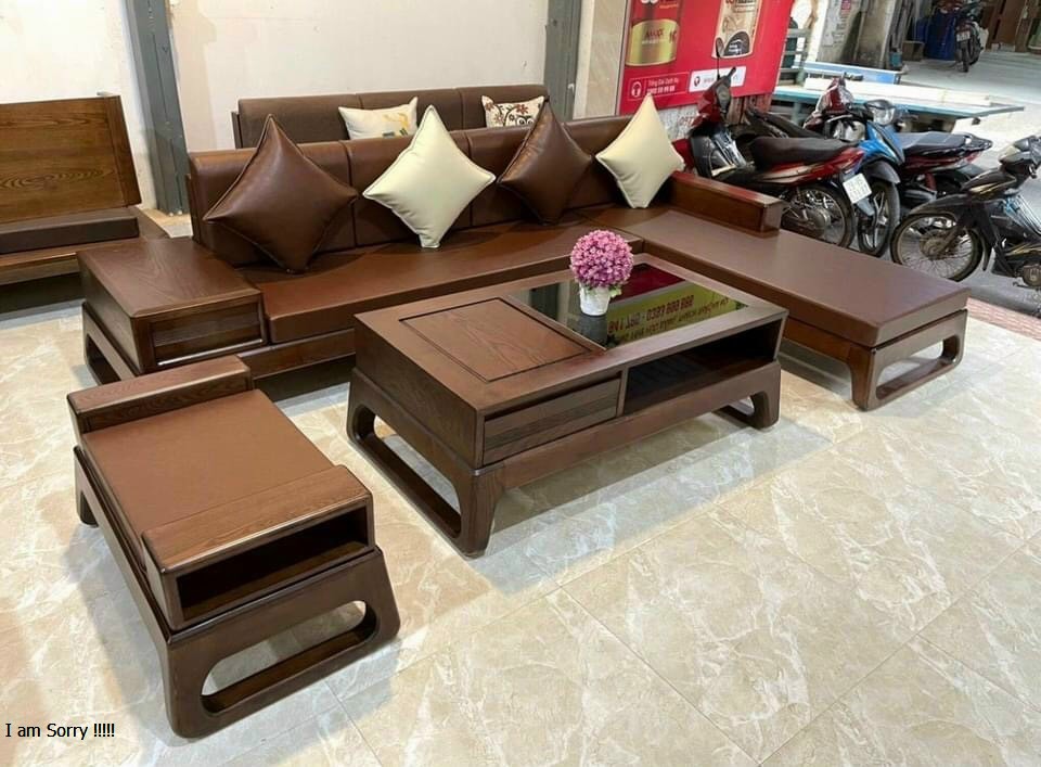 Bộ bàn ghế phòng khách , sofa góc L gỗ sồi chân quỳ 2m80 x 2m MA2