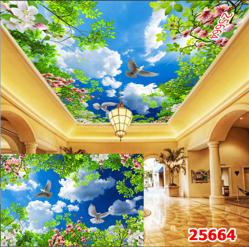Tranh dán trần mây 3D trang trí phòng khách giá rẻ đẹp chất liệu decal pp keo sẵn bóc dán hoặc vải lụa dán keo ngoài PA