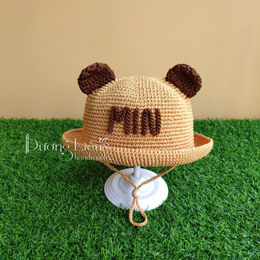 Nón sợi dệt gắn tai gấu cho bé yêu (miễn phí gắn tên theo yêu cầu)