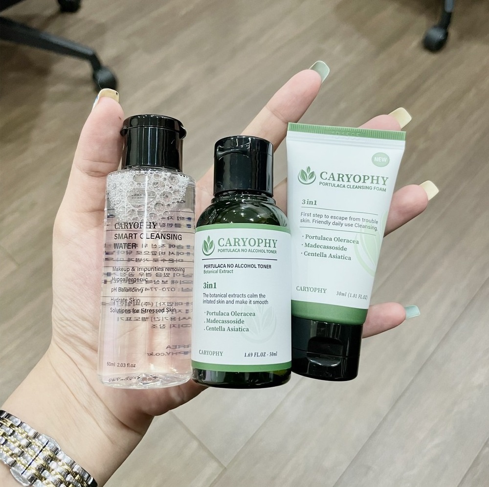Bộ 3 Sản Phẩm Caryophy Portulaca Mini Size (Tẩy trang 60ml + Sữa rửa mặt 30ml + Toner 50ml)