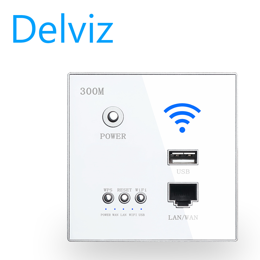 Delviz Rj45 wireless WiFi socket, AP relay smart USB socket, plexigla panel, 220V power supply, 300Mbps embedded wall WiFi router.White, black ， gold