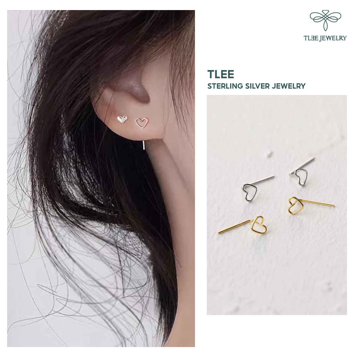 Khuyên tai bạc TLEE tim rỗng dáng cài basic TleeJewelry B0165