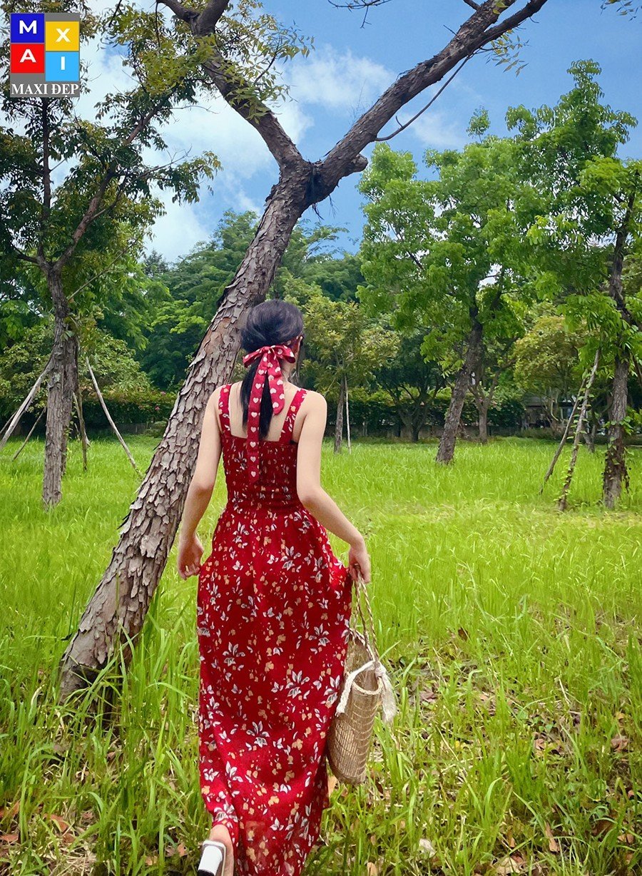 Đầm 2 Dây Hoa Đỏ Maxi Đẹp Hottrend Freesize Cho Nàng