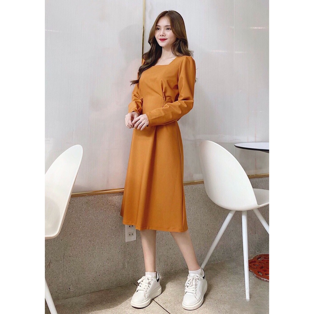 Đầm cam tay dài nơ eo