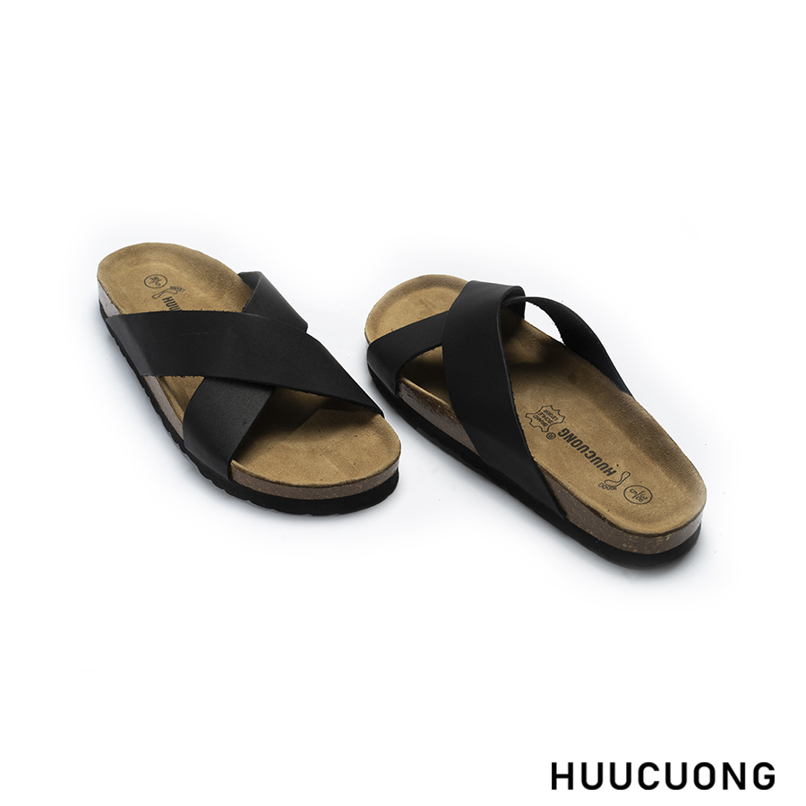 Dép unisex quai chéo da bò đen đế trấu