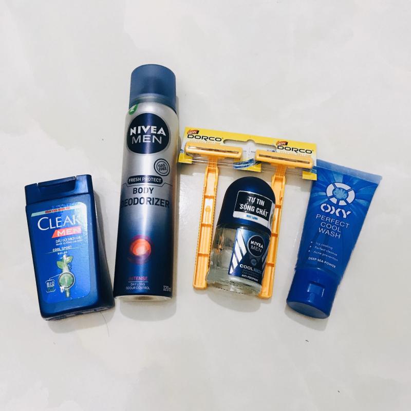 Mua trọn bộ 4 món - Tặng 2 cây dao cạo râu : 1Chai Xịt Toàn Thân NIVEA MEN 120ML + 1chai lăn khử mùi nivea men 12ml + 1chai dầu gội clear men 50g + 1chai sửa rửa mặt oxy 25g (HÀNG KM)