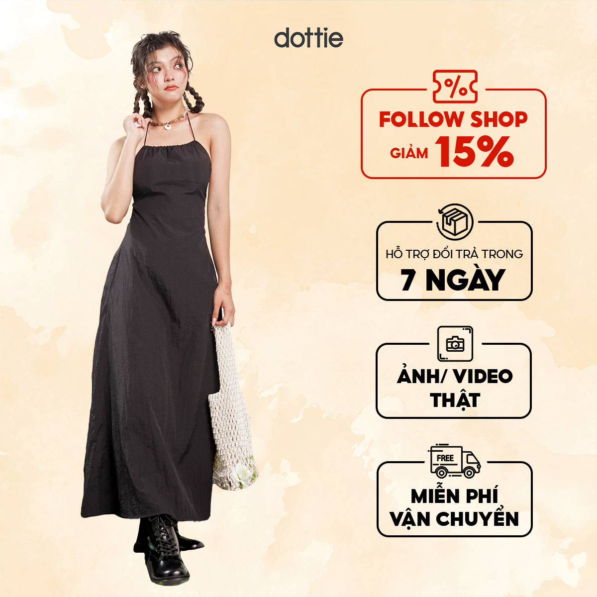 DOTTIE - Đầm midi rút thun cổ yếm - Đen - D0514