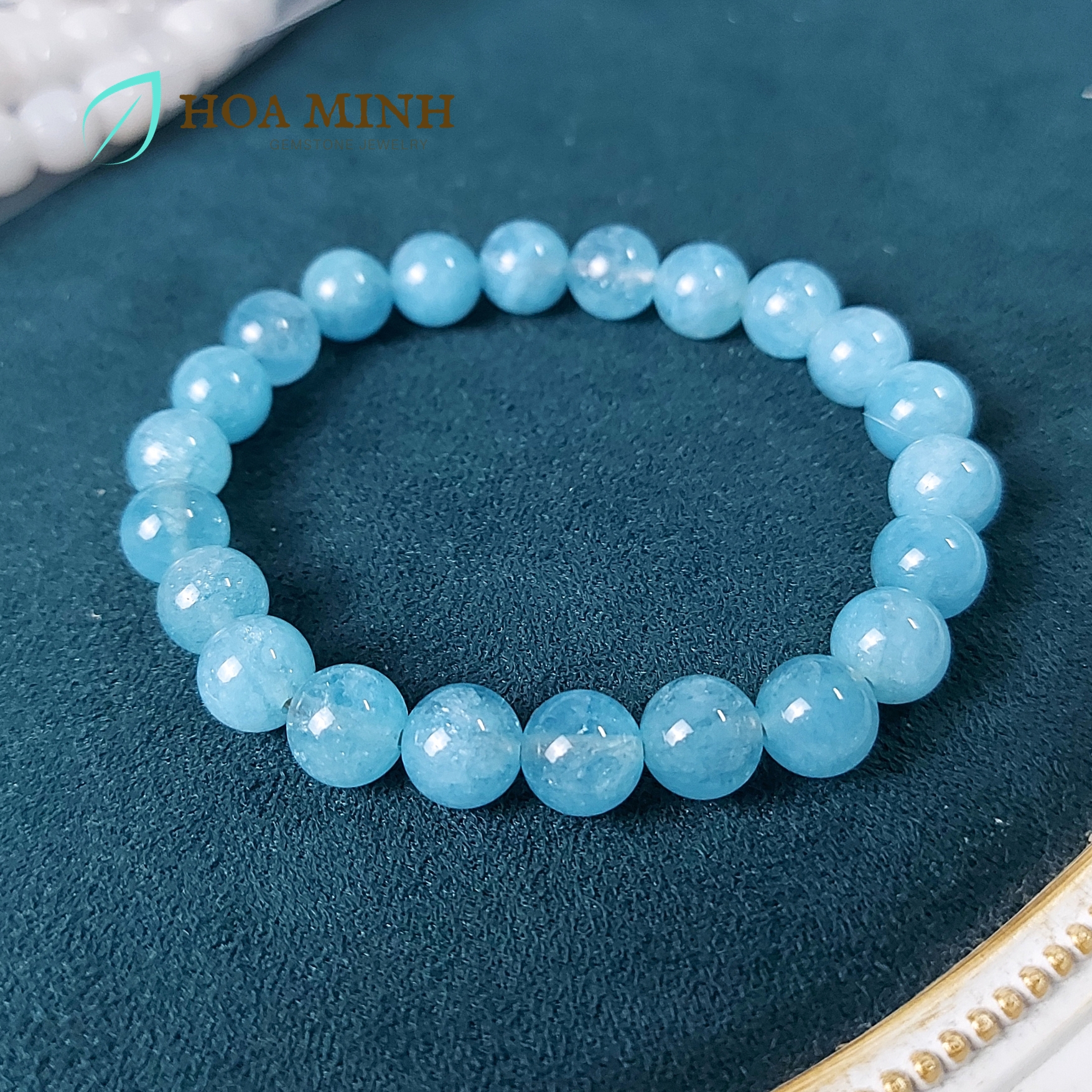 Vòng tay phong thủy đá Aquamarine ngọc hải lam size 8 li phong thủy mệnh Thủy, Mộc | Hoa Minh Gem